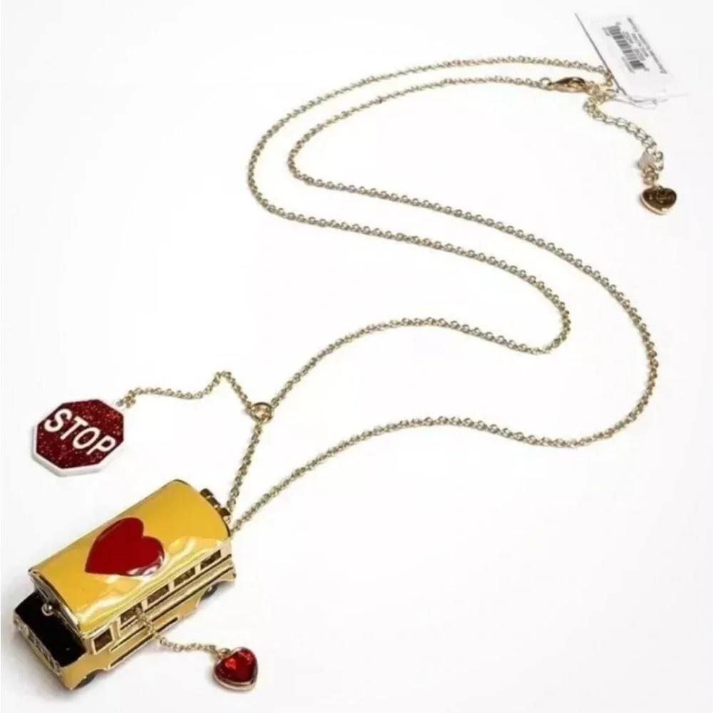 Betsey Johnson BACK TO SCHOOL Gold Tone Yellow Bus Heart Locket Long Nec… - Picture 9 of 14